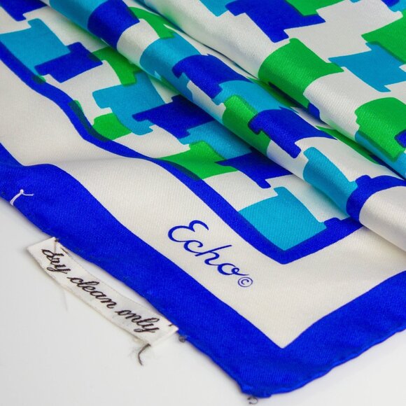 Echo Silk Scarf Square | Retro Style Bandana Scarf | Aqua Monochromatic - Picture 3 of 10